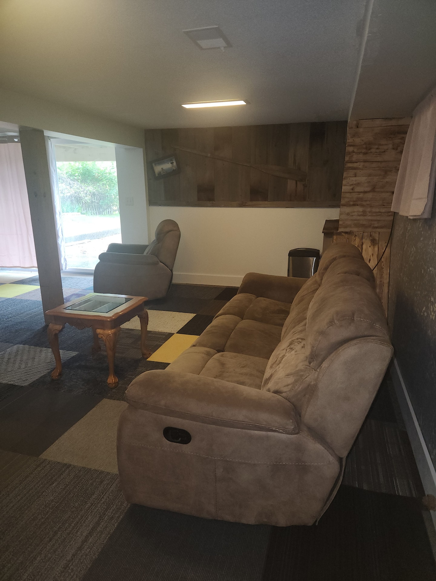 Bright living room with lake light through the windows